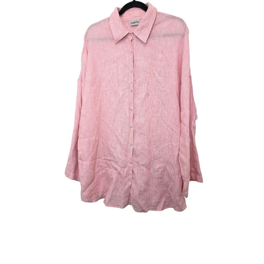 Chicos Pink & White Striped Women's 3 100% Linen Tunic Dress Lightweight Relaxed